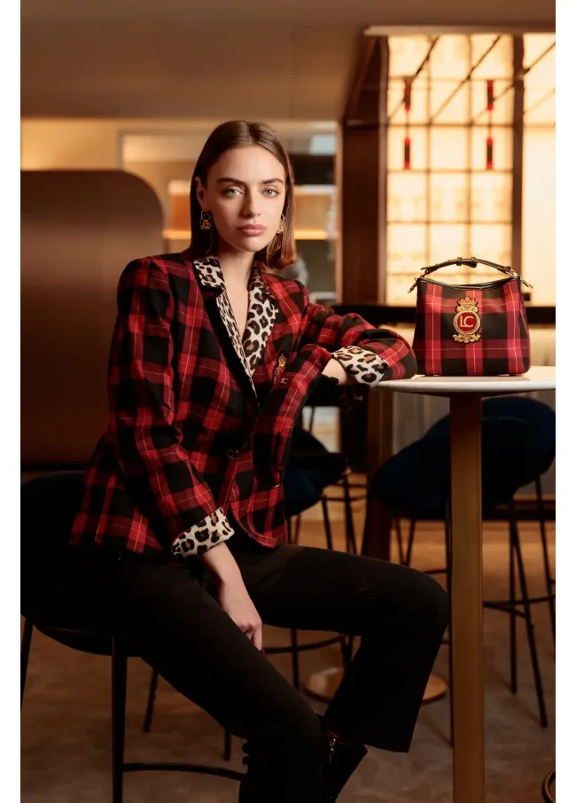 Contrast tartan and animal print blazer
