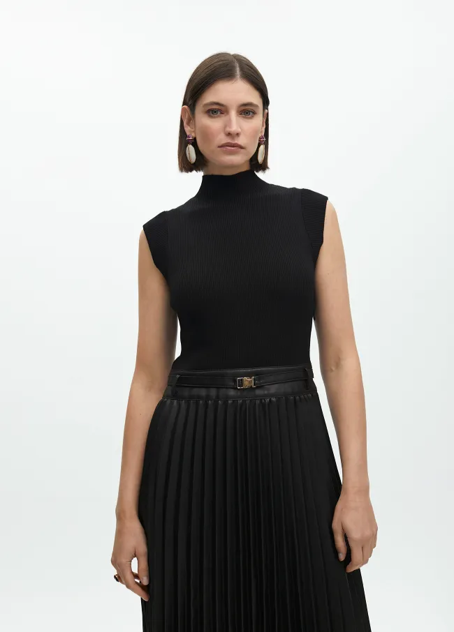 Sleeveless faux leather midi dress with pleated...