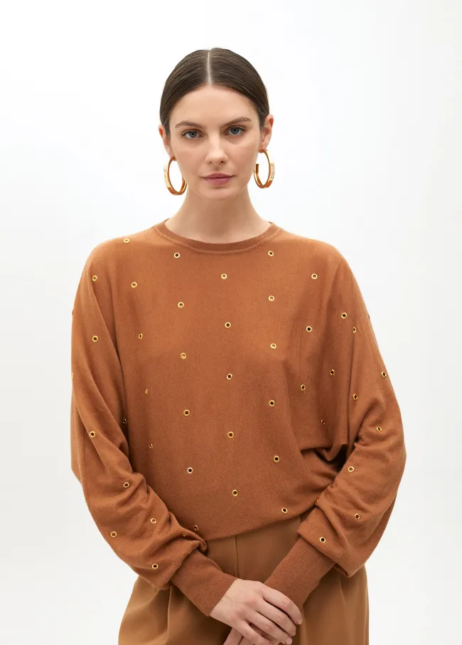 Drop sleeve sweater with eyelets