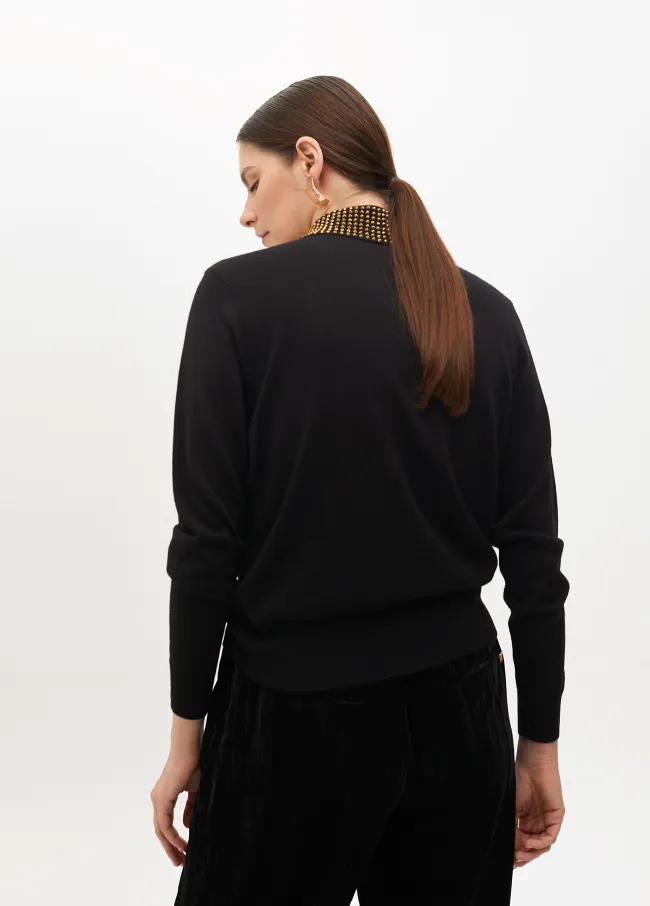 Polo sweater with rhinestone collar