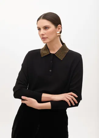 Polo sweater with rhinestone collar