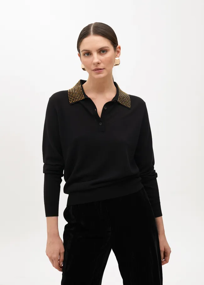 Polo sweater with rhinestone collar