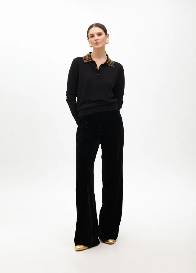 Polo sweater with rhinestone collar