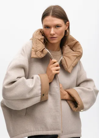 Short hooded coat in two materials: nylon and cloth