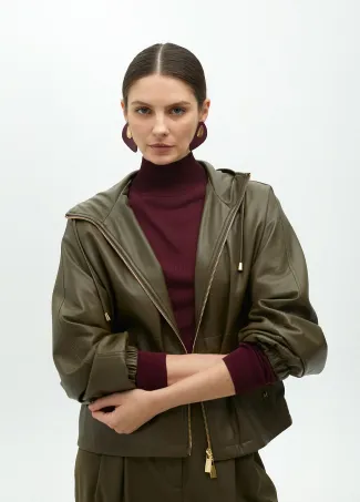 Faux leather hooded bomber jacket with batwing sleeves
