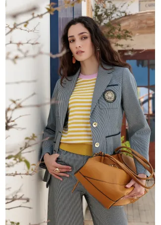 Fitted striped blazer with crest on pocket