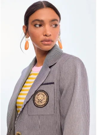 Fitted striped blazer with crest on pocket