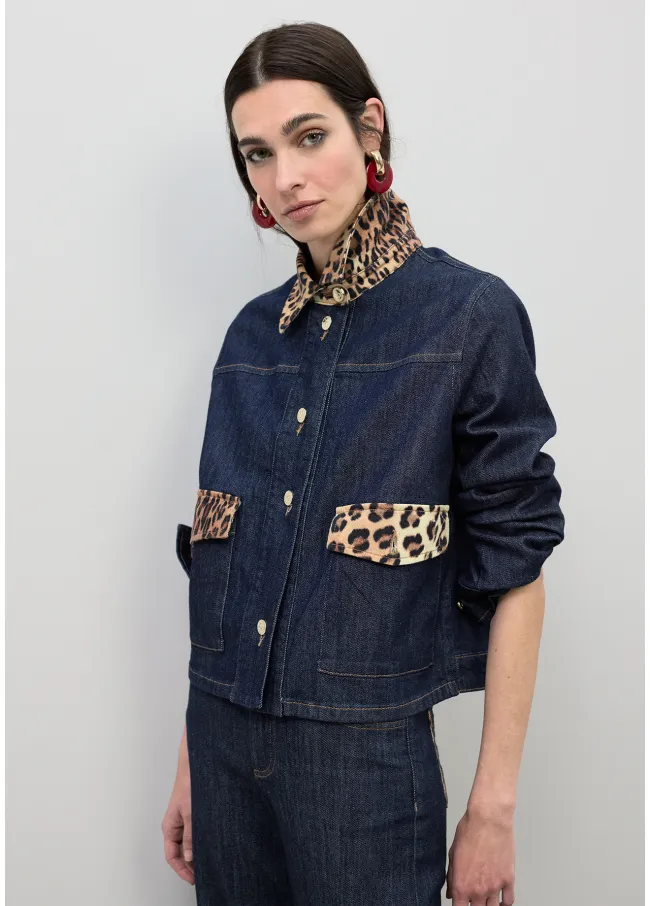 Short denim jacket with leopard details on neck...