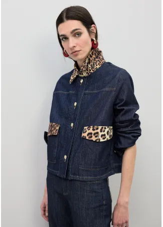 Short denim jacket with leopard details on neck and collar