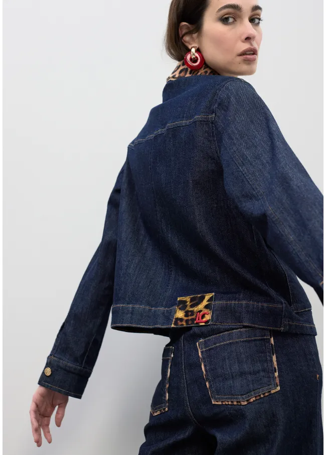 Short denim jacket with leopard details on neck...