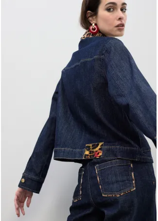 Short denim jacket with leopard details on neck and collar