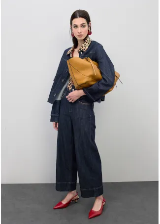 Short denim jacket with leopard details on neck and collar