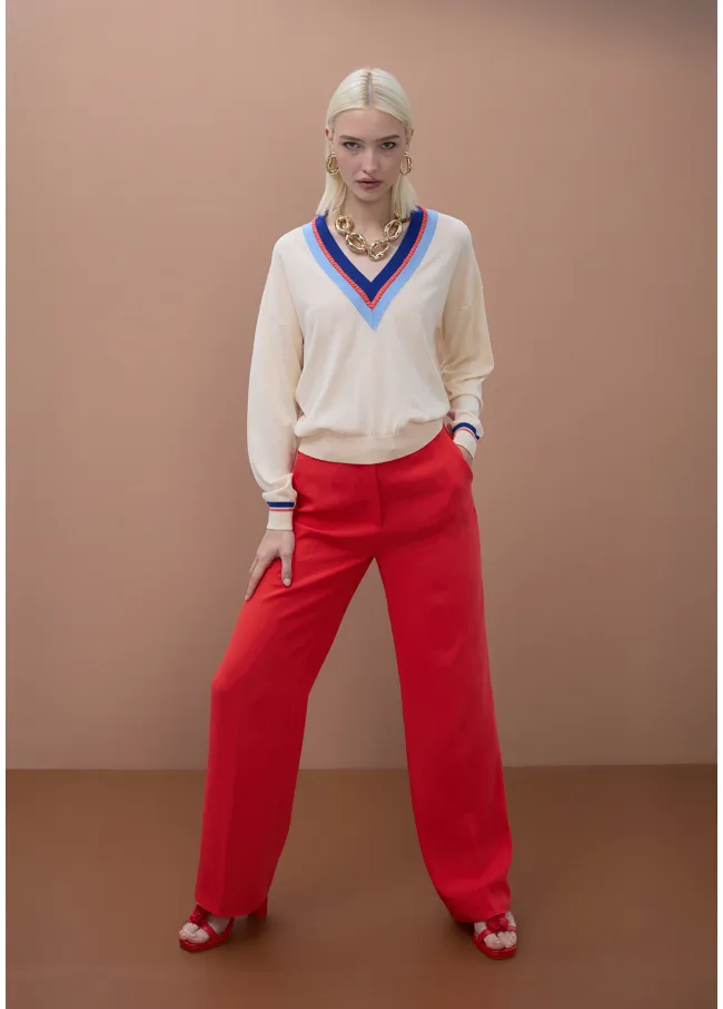 Jersey cuello pico a contraste y detalle trenza