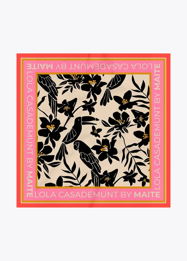 Satin scarf with floral and bird print
