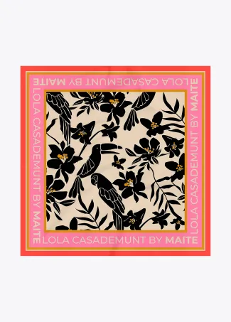 Satin scarf with floral and bird print