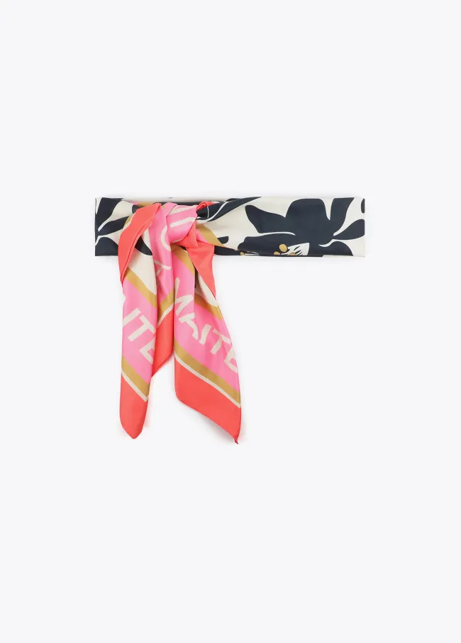 Satin scarf with floral and bird print