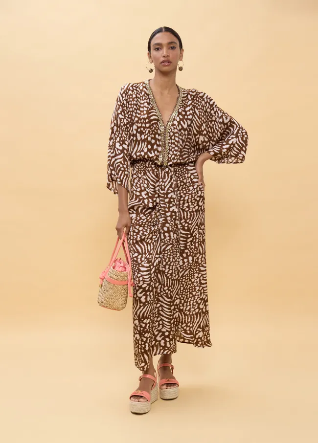 Long spotted print dress with wide sleeves