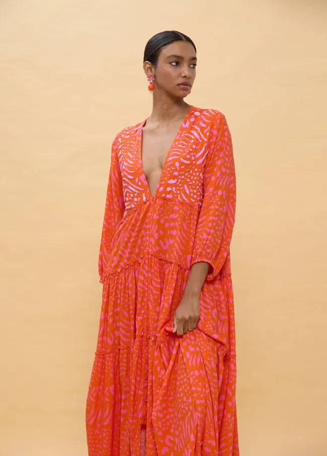 Vestido largo manga larga estampado manchas