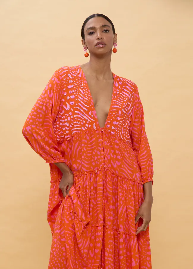 Vestido largo manga larga estampado manchas