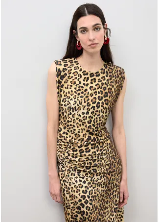 Vestido midi entallado con drapeado en estampado animal