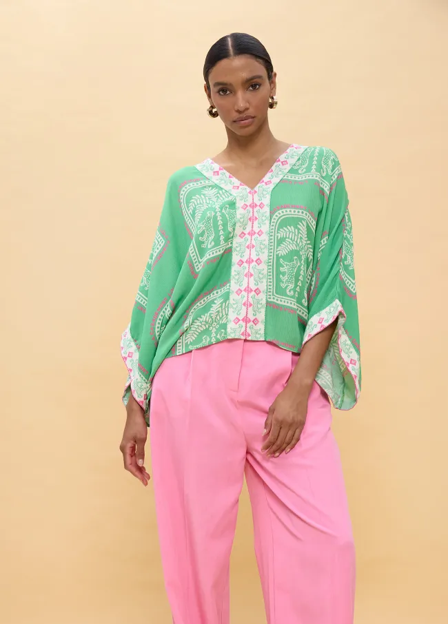 Printed oversize V-neck blouse with short drop sleeves