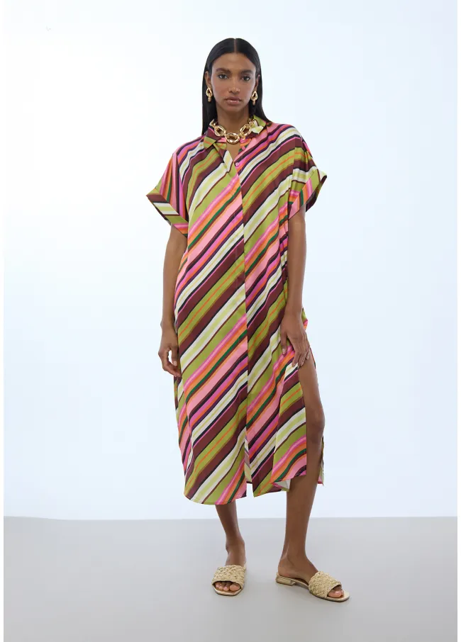 Multi-stripe print satin shirt dress