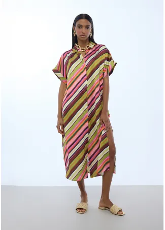 Multi-stripe print satin shirt dress