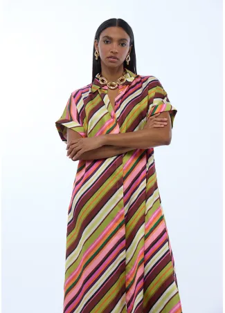 Multi-stripe print satin shirt dress