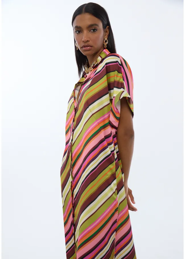 Multi-stripe print satin shirt dress