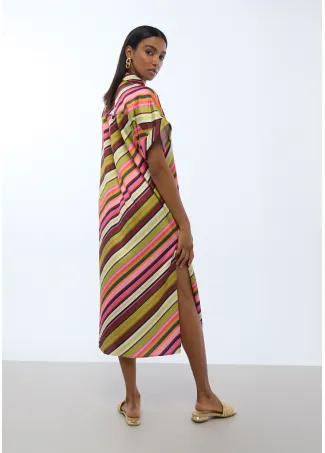 Multi-stripe print satin shirt dress