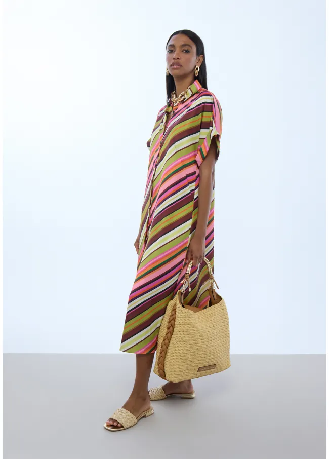 Multi-stripe print satin shirt dress