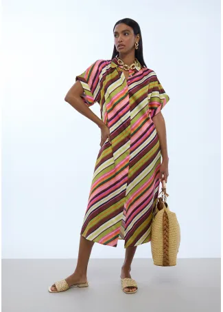 Multi-stripe print satin shirt dress