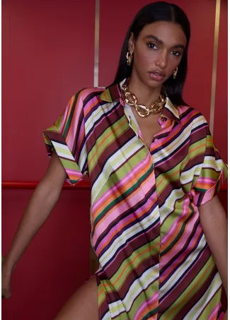 Multi-stripe print satin shirt dress