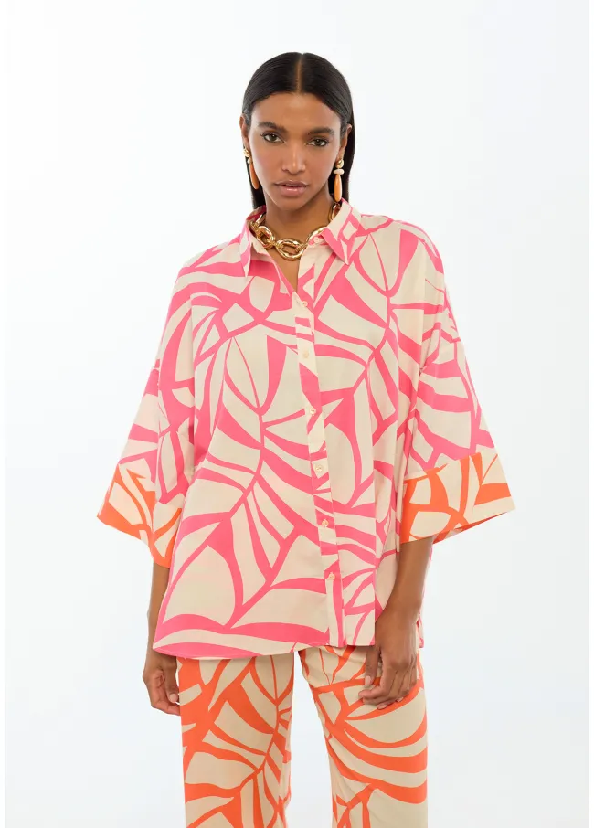 Camisa manga caída print hojas