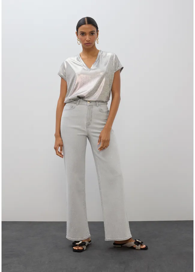 Denim recto largo efecto washed con strass