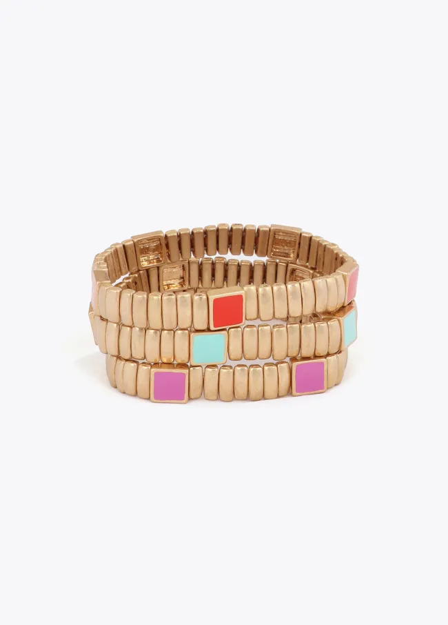 Set of metal stretch bracelets with coloured details