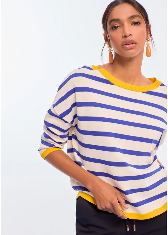 Two-tone striped sweater with contrast ribbing