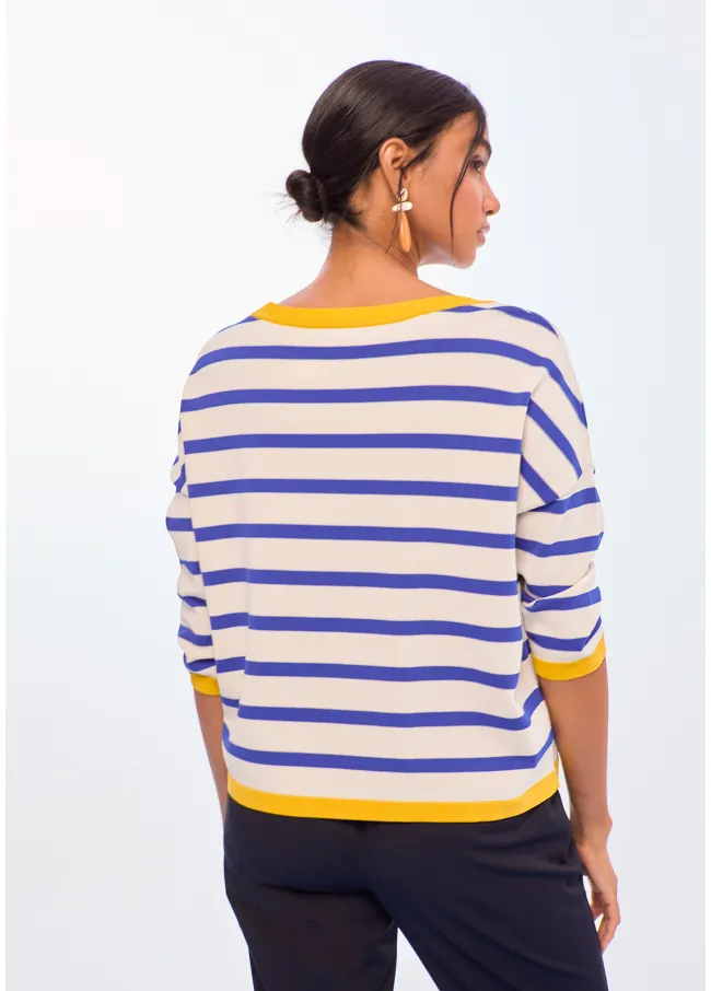 Two-tone striped sweater with contrast ribbing