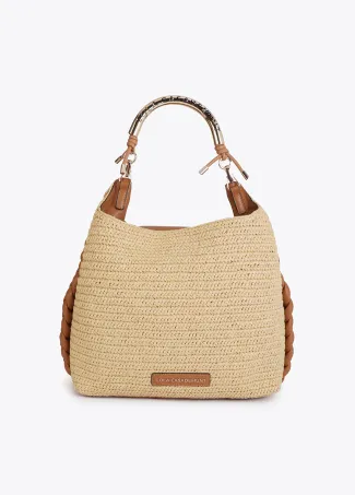 Raffia-effect contrast tote bag with cutwork logo strap