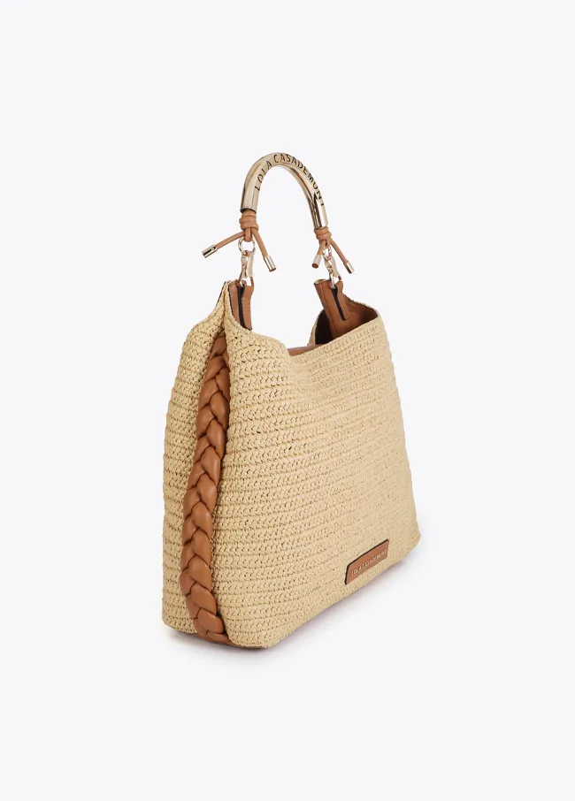 Raffia-effect contrast tote bag with cutwork...