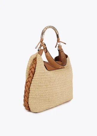 Raffia-effect contrast tote bag with cutwork logo strap