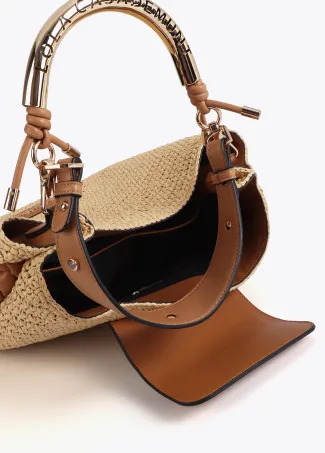 Raffia-effect contrast tote bag with cutwork logo strap