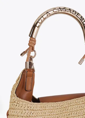 Raffia-effect contrast tote bag with cutwork logo strap