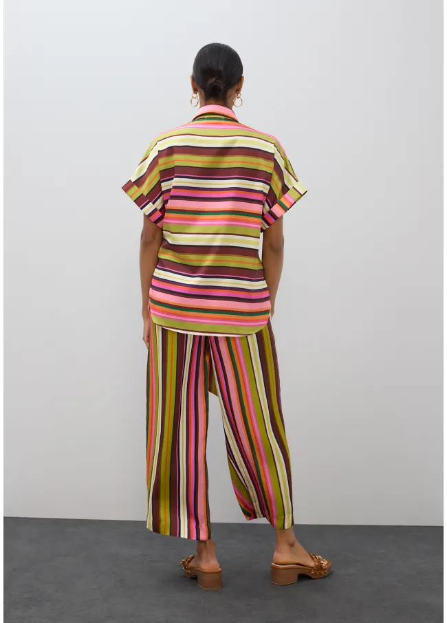 Belted blouse with multi-stripe print