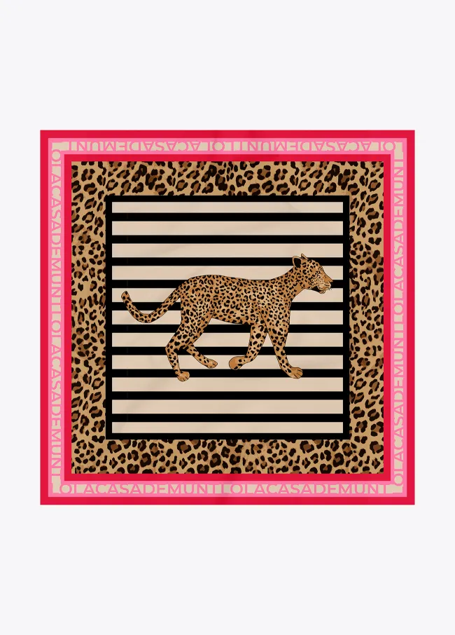Satin scarf with contrast striped and leopard print