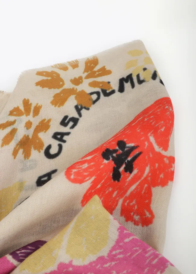 Scarf with floral and bird motif print