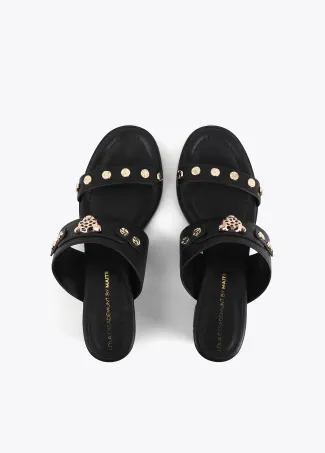 High-heel studded sandals with leopard head appliqué