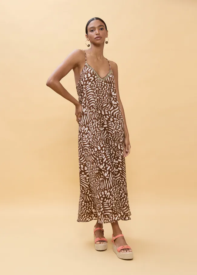 Long strappy spotted print dress