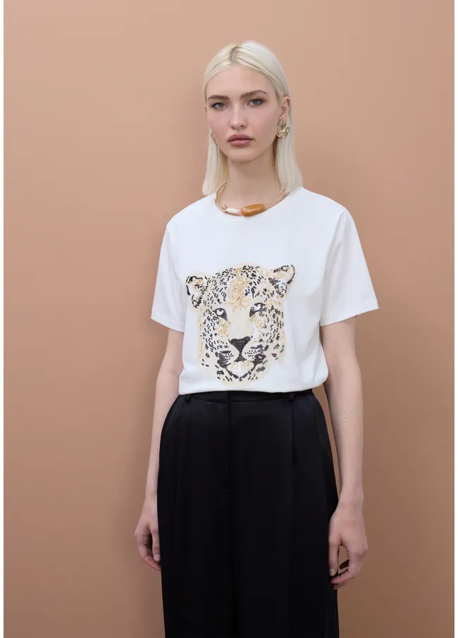 Leopard face T-shirt with stone beads