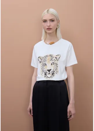 Leopard face T-shirt with stone beads